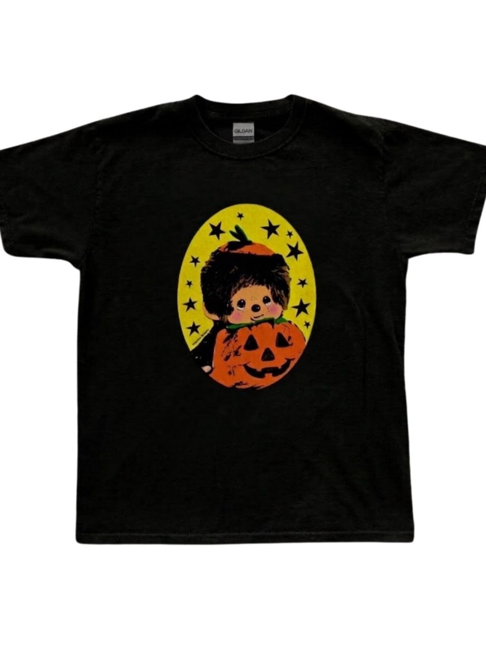 Gildan Black Halloween Tee with Yellow Backdrop and Orange Pumpkin